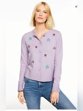 Talbots Lavendar Embroidered Floral Crewneck Cardigan Sweater M